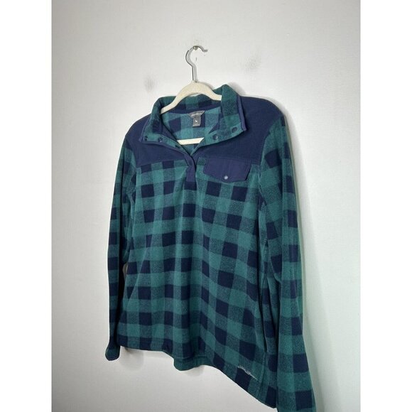 Eddie Bauer Green Navy Plaid Checkered Fleece Pullover Womens Size Large - Picture 4 of 9